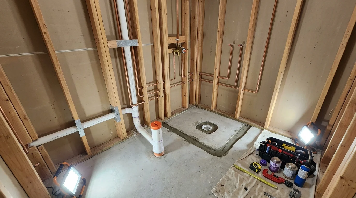 Bathroom rough-in plumbing during remodel by Johns Plumbing LLC in Blowing Rock