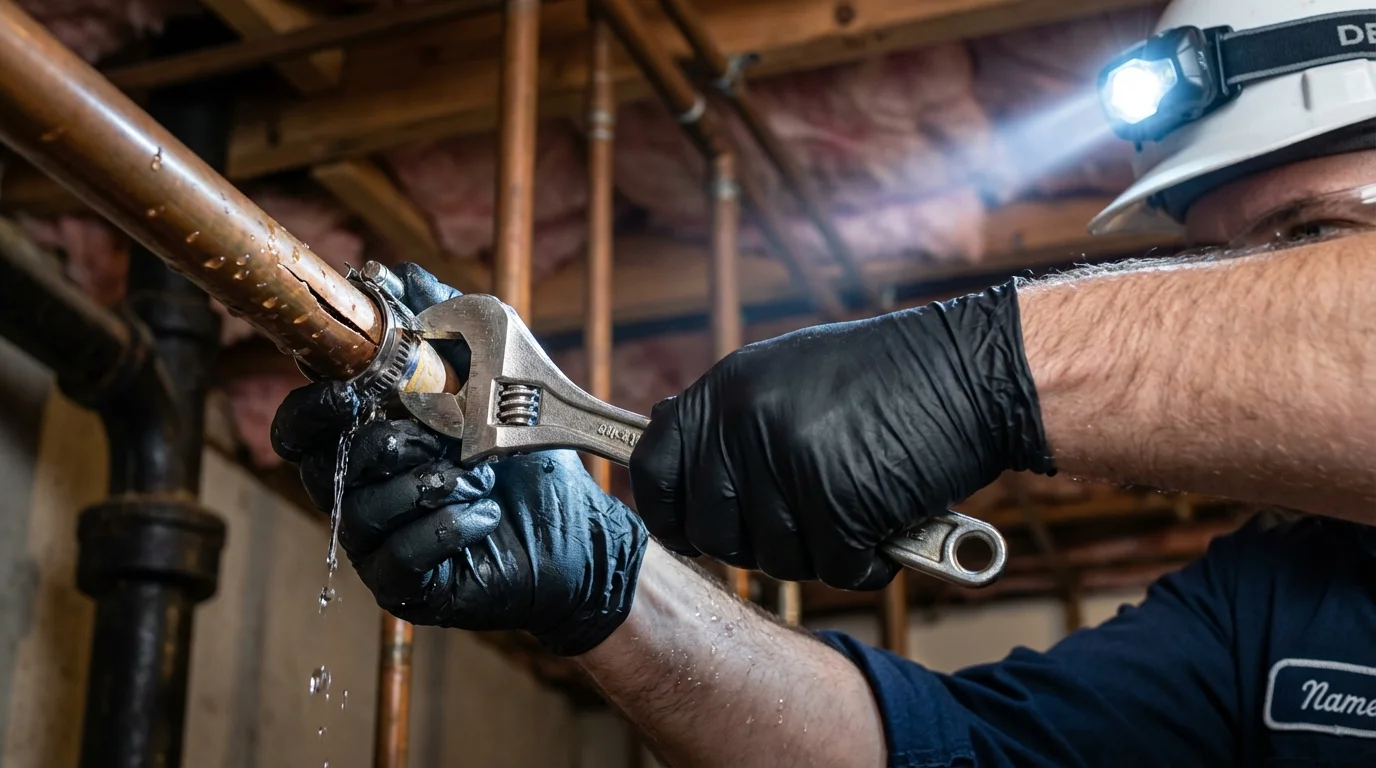Emergency pipe clamp repair being performed by a Johns Plumbing LLC plumber in Blowing Rock