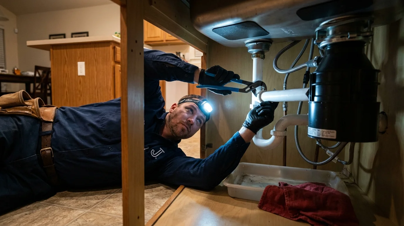 P-trap and supply line connections under a kitchen sink showing a common leak point in Blowing Rock, NC